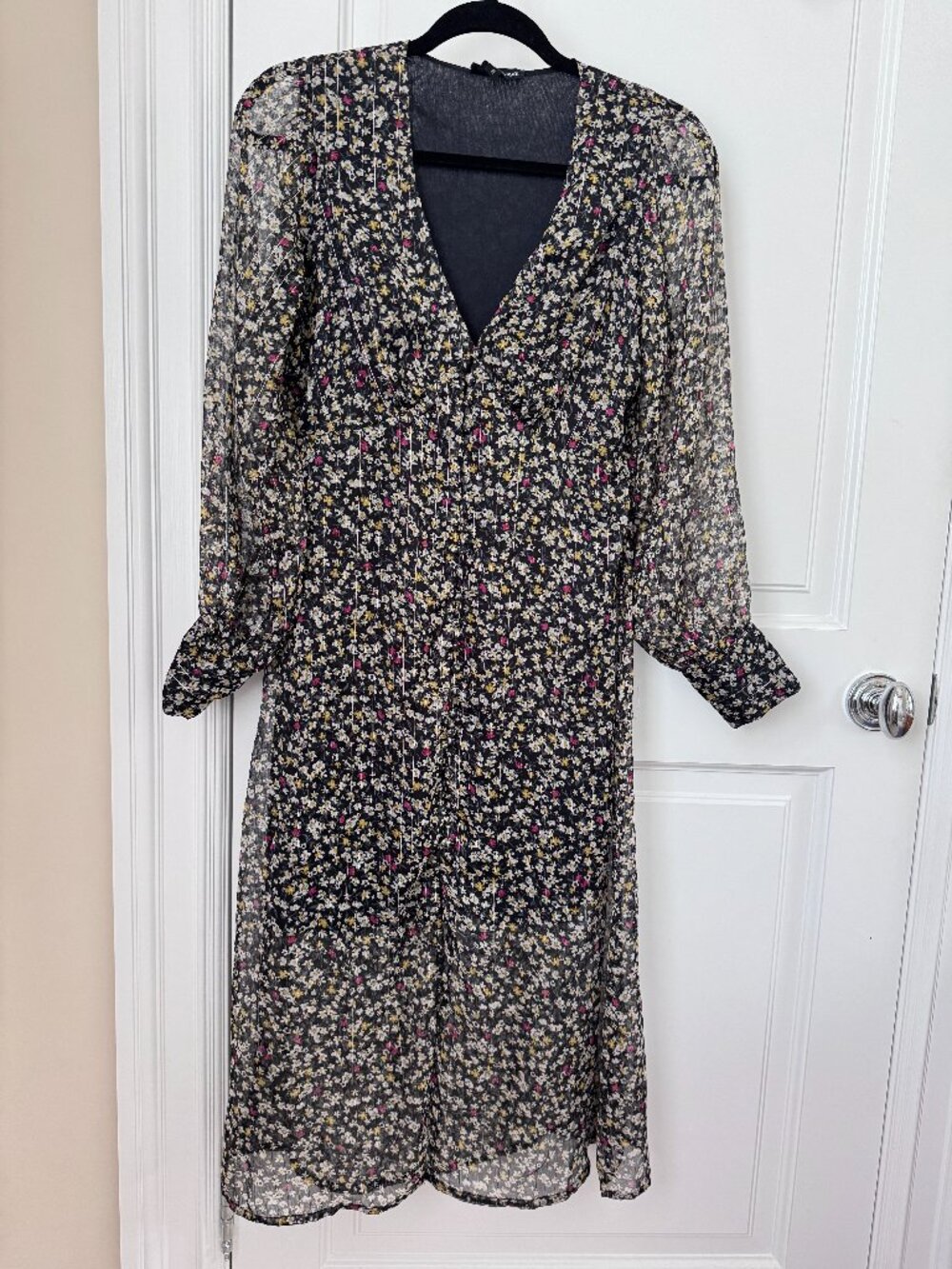 Wednesday's Girl Semi-Sheer Midi Black Long Sleeve Dress Floral Print V Neck S